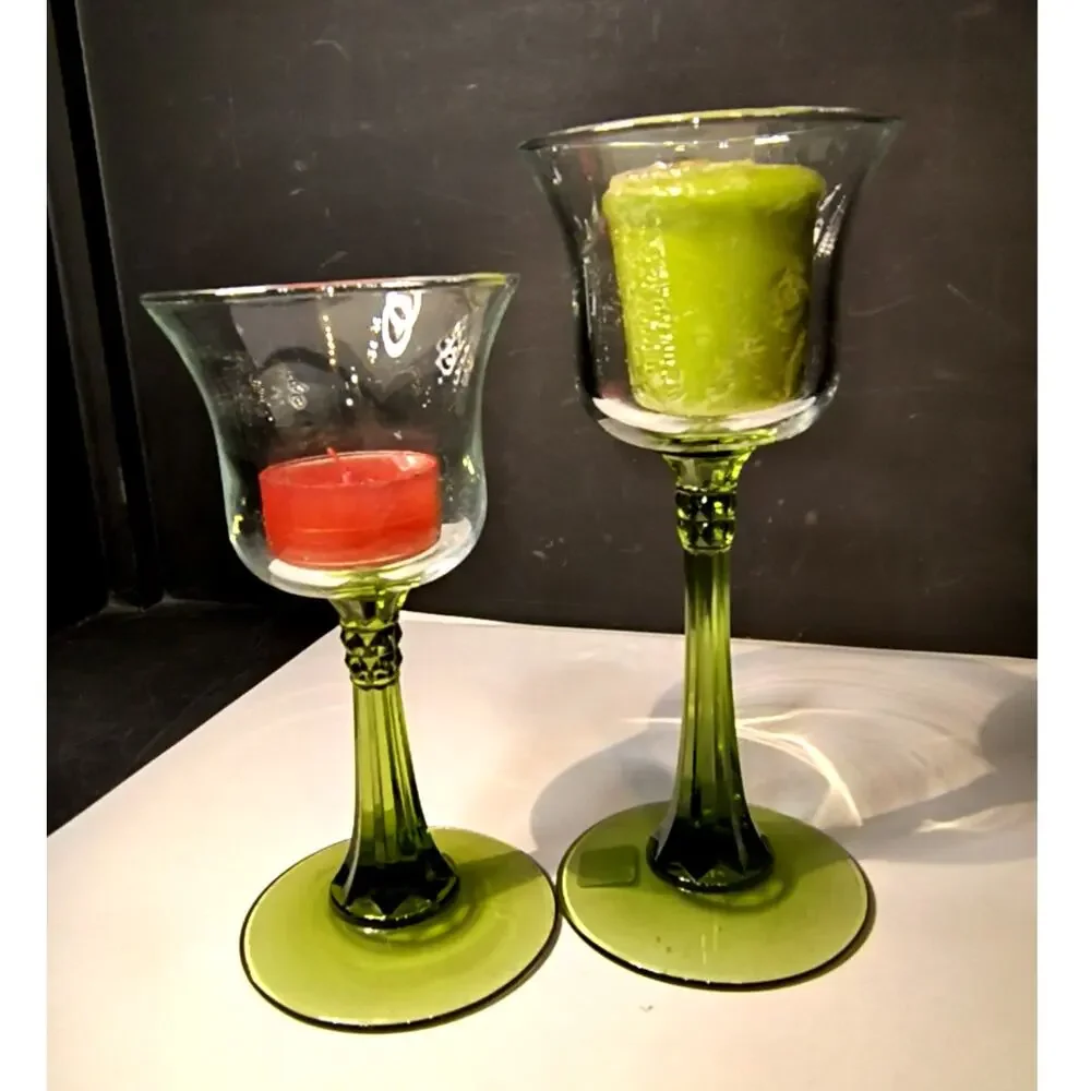 1866.  Set of Two Partylite Stemmed Olive Green Candle Holders - Picture 2 of 7